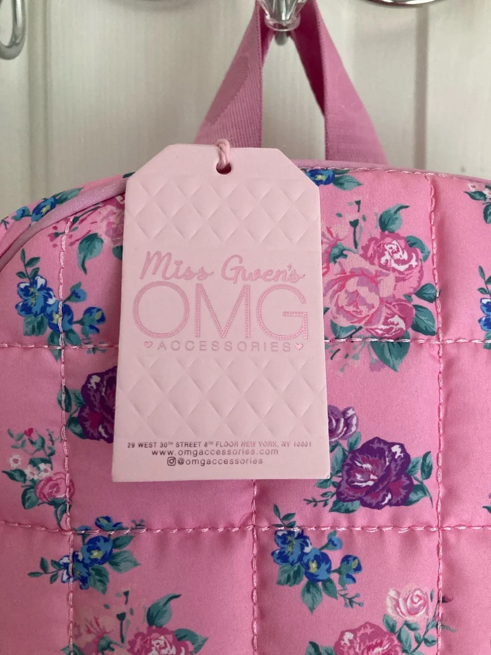OMG Pink Floral Quilted Kids Backpack with Pom-Pom Charm
